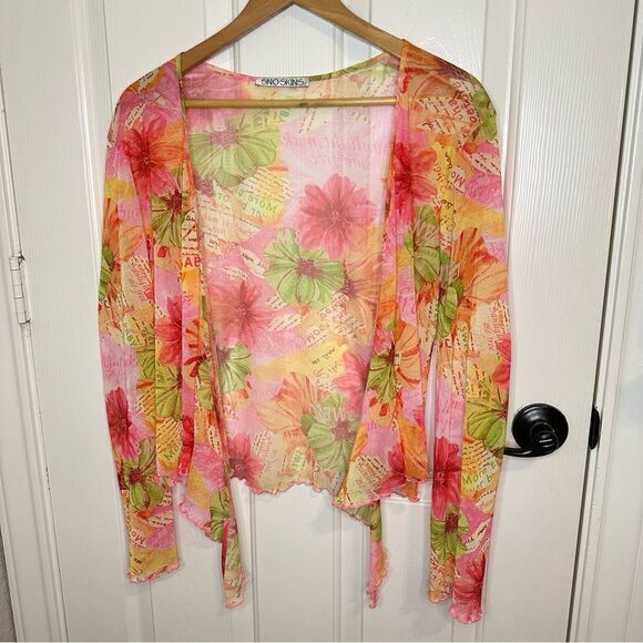 Y2K SNO SKINS Pink Orange Green Floral Micro Mesh Ruffle Shrug Wrap Top Sz XL - Picture 6 of 9